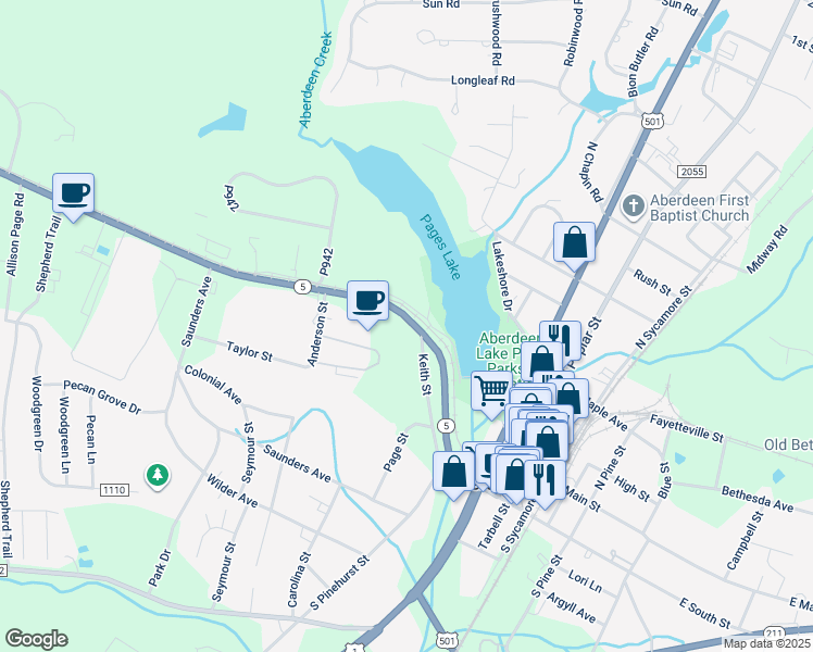 map of restaurants, bars, coffee shops, grocery stores, and more near North Carolina 5 in Moore County