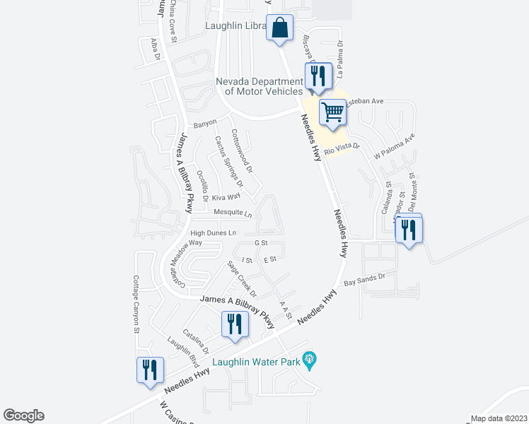 map of restaurants, bars, coffee shops, grocery stores, and more near 2004 Mesquite Lane in Laughlin