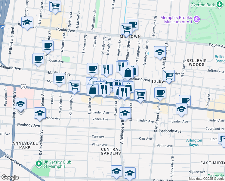 map of restaurants, bars, coffee shops, grocery stores, and more near 1680 Union Avenue in Memphis