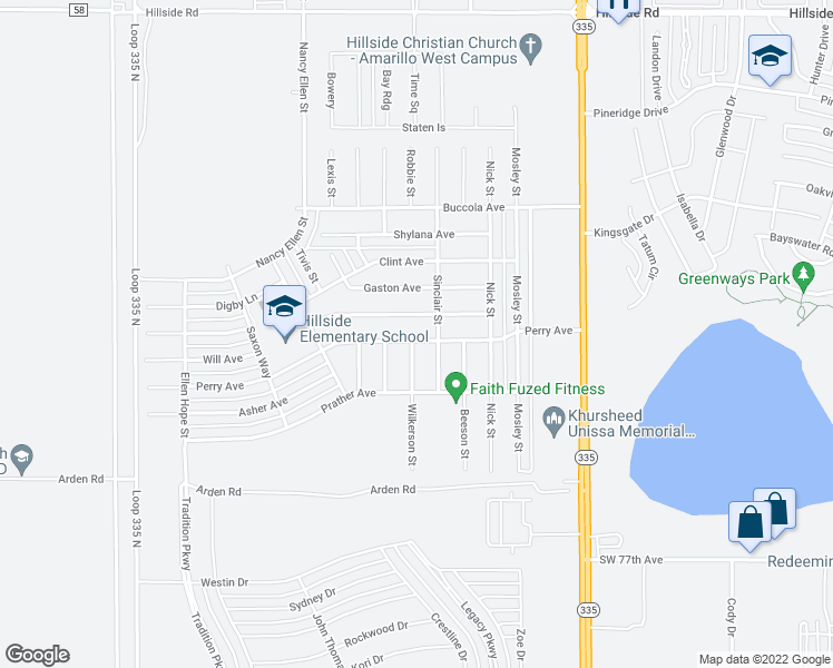 map of restaurants, bars, coffee shops, grocery stores, and more near 9206 Perry Avenue in Amarillo