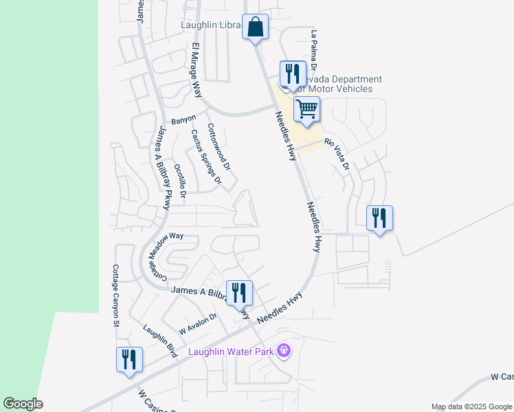 map of restaurants, bars, coffee shops, grocery stores, and more near 2052 Mesquite Lane in Laughlin