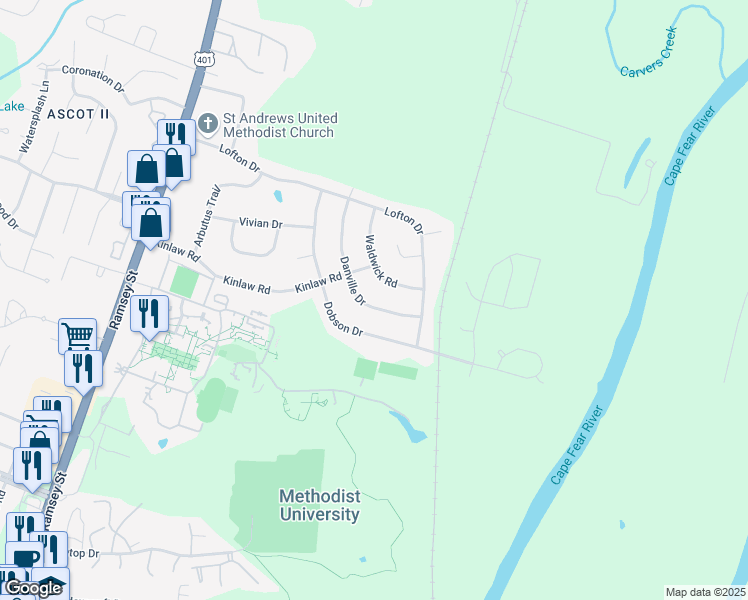 map of restaurants, bars, coffee shops, grocery stores, and more near 5724 Danville Drive in Fayetteville