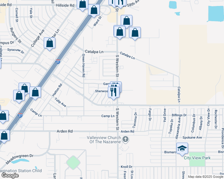 map of restaurants, bars, coffee shops, grocery stores, and more near 4205 Sherwood Lane in Amarillo