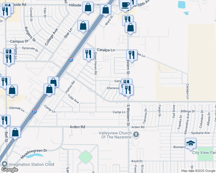 map of restaurants, bars, coffee shops, grocery stores, and more near 4407 Sherwood Lane in Amarillo