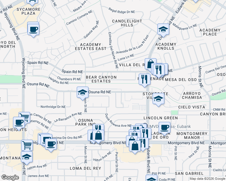 map of restaurants, bars, coffee shops, grocery stores, and more near 9232 Evangeline Avenue Northeast in Albuquerque