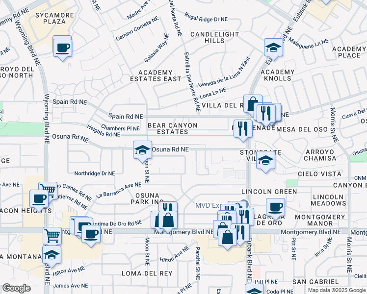 map of restaurants, bars, coffee shops, grocery stores, and more near 9232 Evangeline Avenue Northeast in Albuquerque