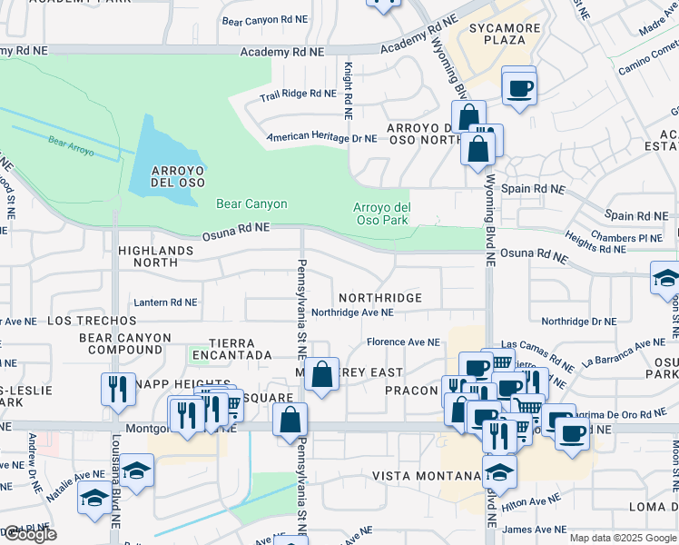 map of restaurants, bars, coffee shops, grocery stores, and more near 7629 Arroyo Del Oso Avenue Northeast in Albuquerque