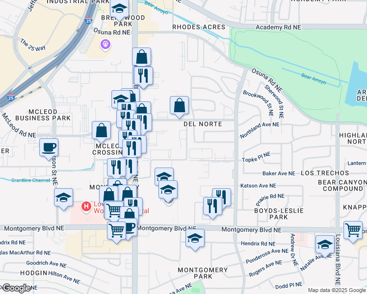 map of restaurants, bars, coffee shops, grocery stores, and more near 8 San Mateo Lane Northeast in Albuquerque