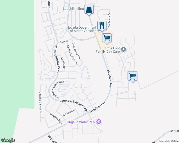 map of restaurants, bars, coffee shops, grocery stores, and more near 2052 Mesquite Lane in Laughlin