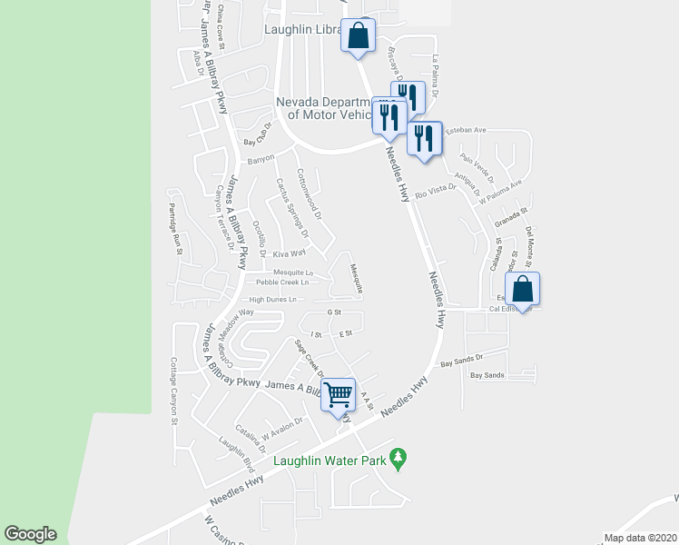 map of restaurants, bars, coffee shops, grocery stores, and more near 2052 Mesquite Lane in Laughlin