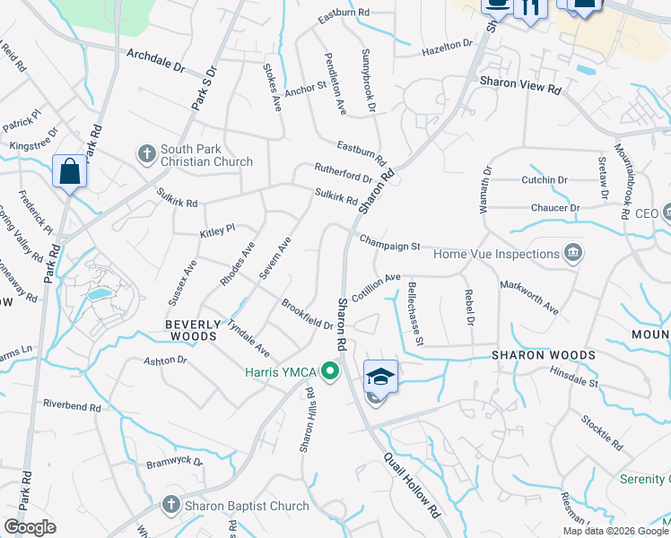 map of restaurants, bars, coffee shops, grocery stores, and more near 5708 Sharon Road in Charlotte