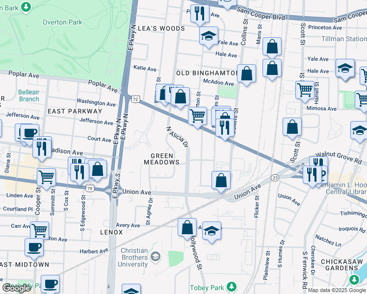 map of restaurants, bars, coffee shops, grocery stores, and more near 7 North Alicia Drive in Memphis