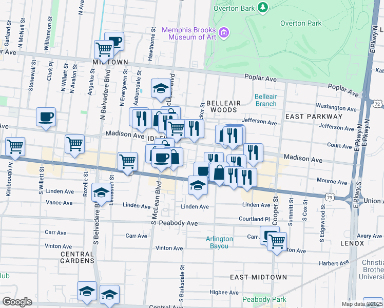 map of restaurants, bars, coffee shops, grocery stores, and more near 32 South Tucker Street in Memphis