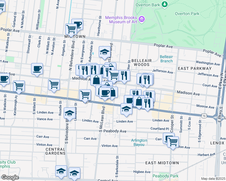 map of restaurants, bars, coffee shops, grocery stores, and more near 44 South Barksdale Street in Memphis