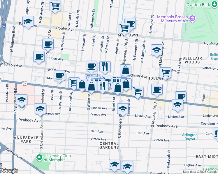 map of restaurants, bars, coffee shops, grocery stores, and more near 1624 Union Avenue in Memphis