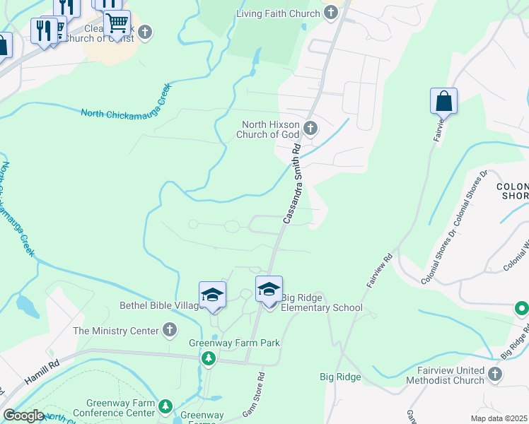 map of restaurants, bars, coffee shops, grocery stores, and more near 3423 Coach Drive in Chattanooga