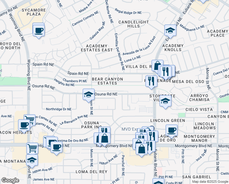 map of restaurants, bars, coffee shops, grocery stores, and more near 9232 Evangeline Avenue Northeast in Albuquerque