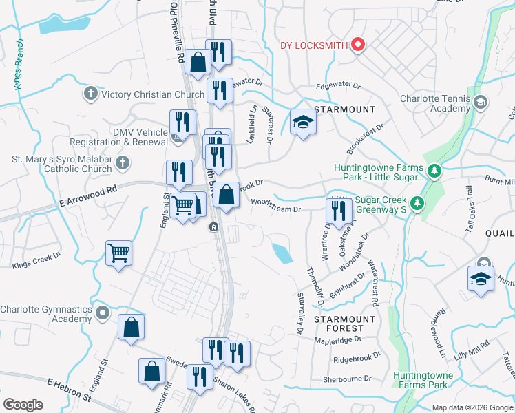 map of restaurants, bars, coffee shops, grocery stores, and more near 7101 Starlite Place in Charlotte