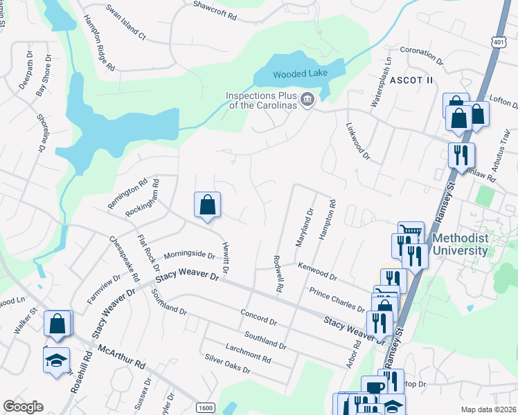 map of restaurants, bars, coffee shops, grocery stores, and more near 408 Shamus Court in Fayetteville