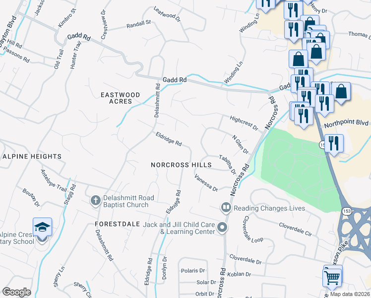 map of restaurants, bars, coffee shops, grocery stores, and more near 5108 Eldridge Road in Chattanooga