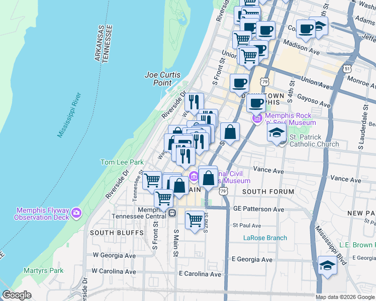 map of restaurants, bars, coffee shops, grocery stores, and more near 358 South Front Street in Memphis