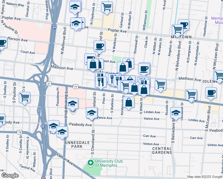 map of restaurants, bars, coffee shops, grocery stores, and more near 1407 Monroe Avenue in Memphis