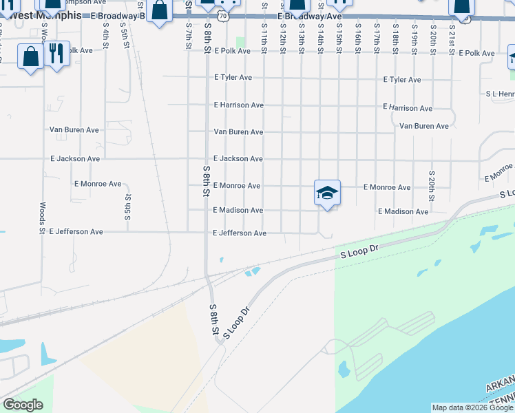 map of restaurants, bars, coffee shops, grocery stores, and more near 704 South 11th Street in West Memphis