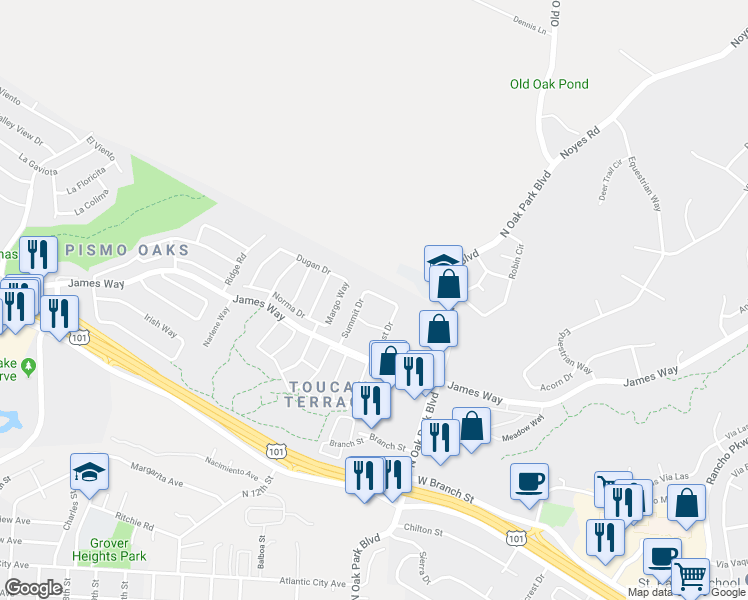 map of restaurants, bars, coffee shops, grocery stores, and more near 959 Skyline Drive in Pismo Beach