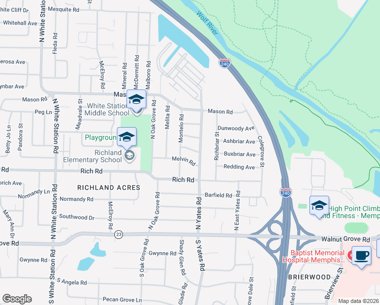 map of restaurants, bars, coffee shops, grocery stores, and more near 5593 Milam Road in Memphis