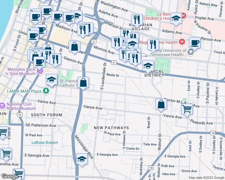 map of restaurants, bars, coffee shops, grocery stores, and more near 593 Jessamine Avenue in Memphis