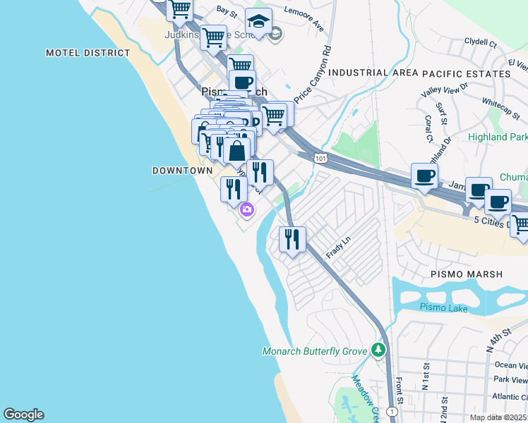 map of restaurants, bars, coffee shops, grocery stores, and more near 211 Addie Street in Pismo Beach