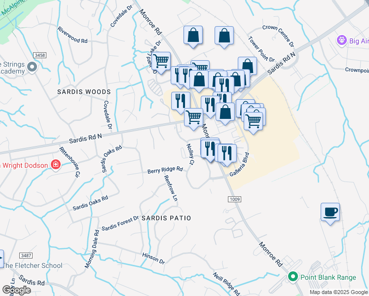 map of restaurants, bars, coffee shops, grocery stores, and more near 9858 Monroe Road in Charlotte