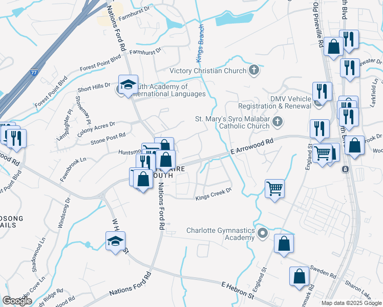 map of restaurants, bars, coffee shops, grocery stores, and more near 8810 Mont Carmel Lane in Charlotte