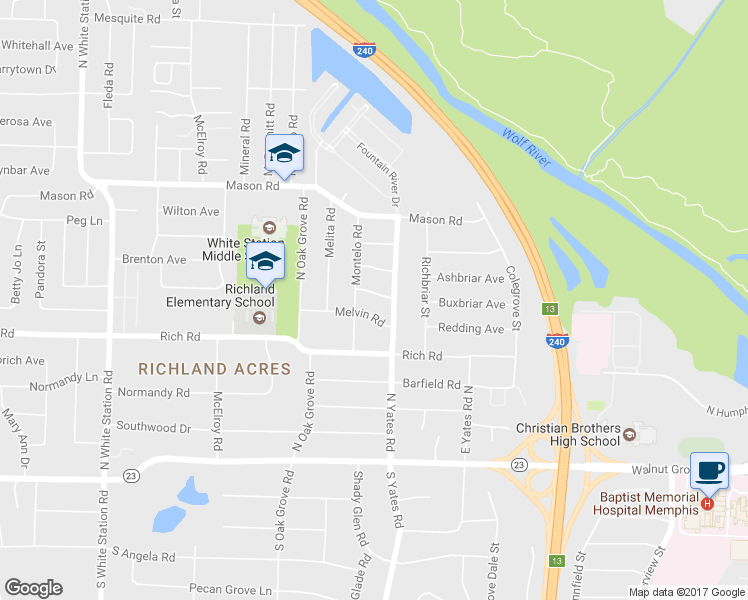 map of restaurants, bars, coffee shops, grocery stores, and more near 5593 Milam Road in Memphis