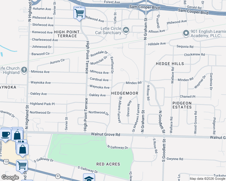 map of restaurants, bars, coffee shops, grocery stores, and more near 220 Eastland Drive in Memphis