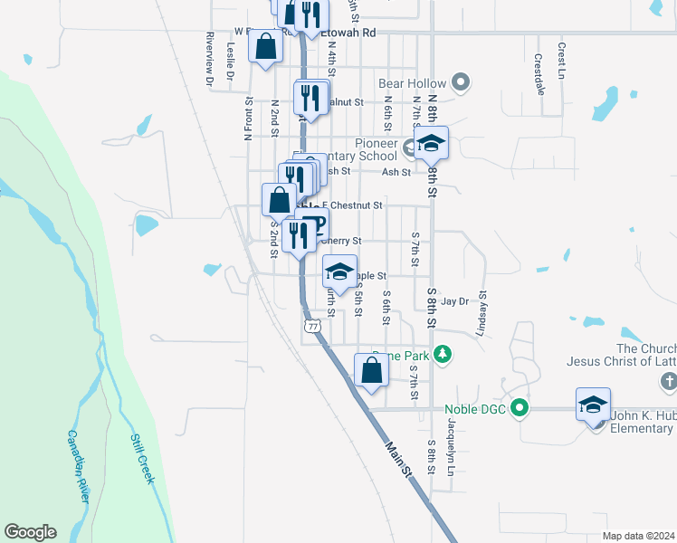 map of restaurants, bars, coffee shops, grocery stores, and more near 310 East Cherry Street in Noble