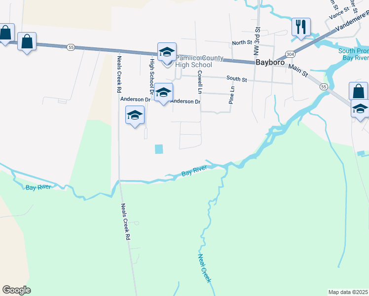 map of restaurants, bars, coffee shops, grocery stores, and more near 407 Debbie Street in Bayboro