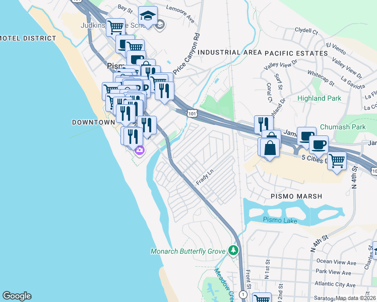 map of restaurants, bars, coffee shops, grocery stores, and more near 140 South Dolliver Street in Pismo Beach