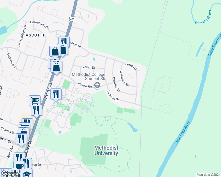 map of restaurants, bars, coffee shops, grocery stores, and more near 5762 Dobson Drive in Fayetteville