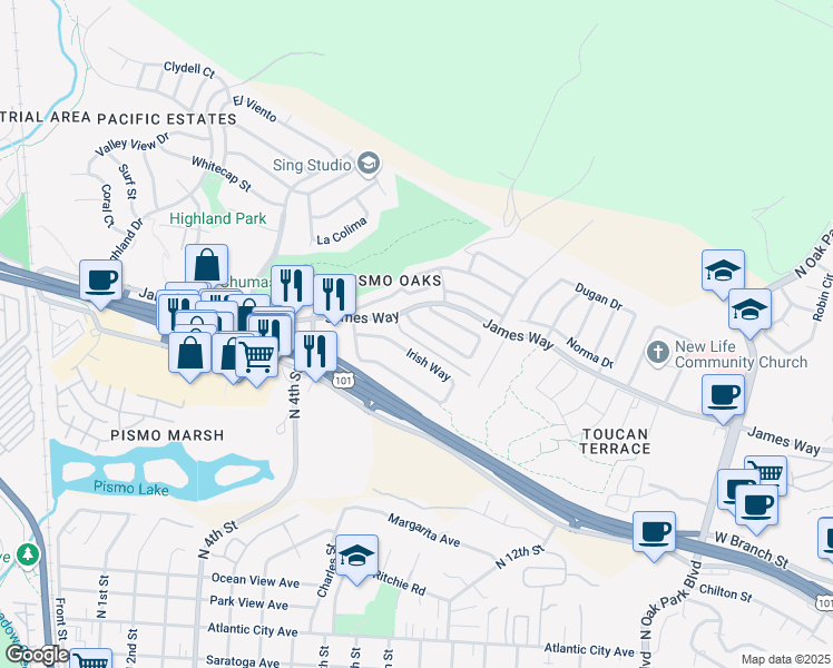 map of restaurants, bars, coffee shops, grocery stores, and more near 626 Vista Pacifica Circle in Pismo Beach