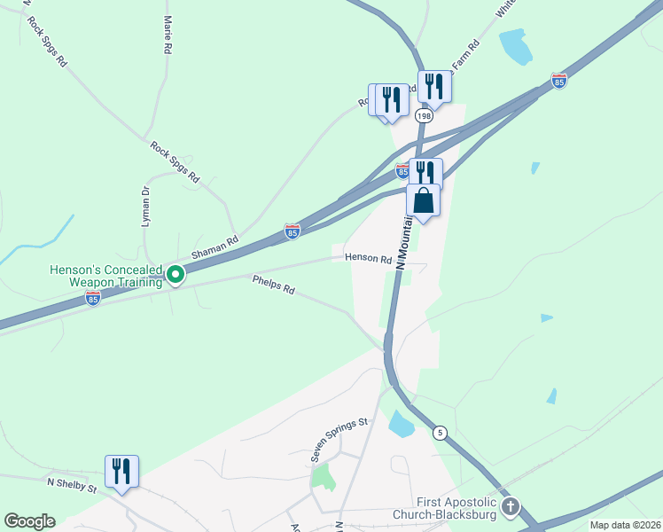 map of restaurants, bars, coffee shops, grocery stores, and more near 379 Henson Road in Blacksburg
