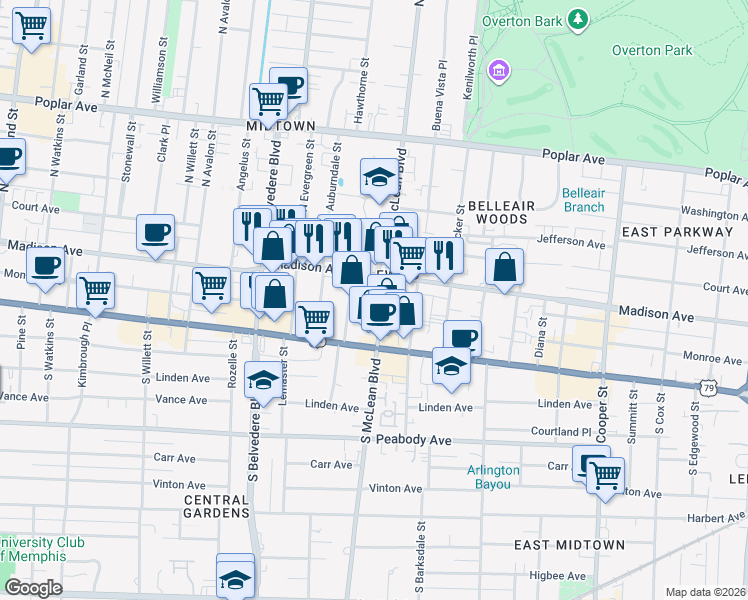 map of restaurants, bars, coffee shops, grocery stores, and more near 1839 Madison Avenue in Memphis
