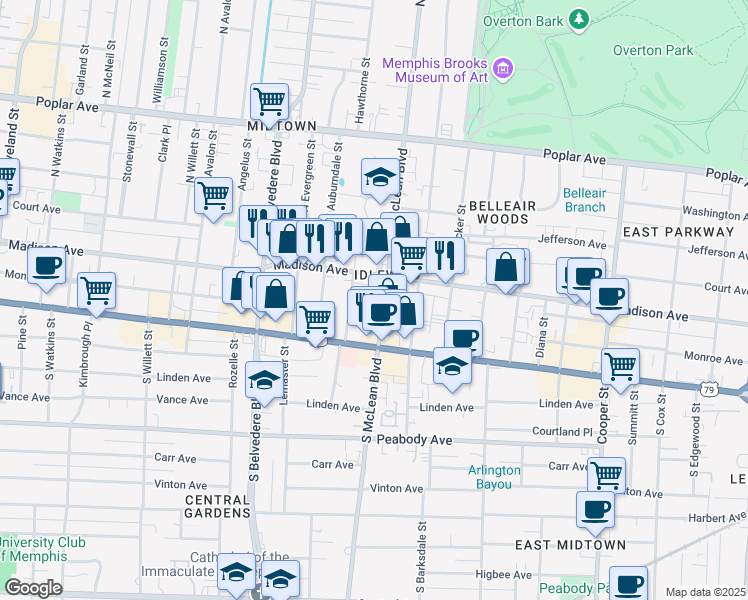 map of restaurants, bars, coffee shops, grocery stores, and more near 23 South McLean Boulevard in Memphis