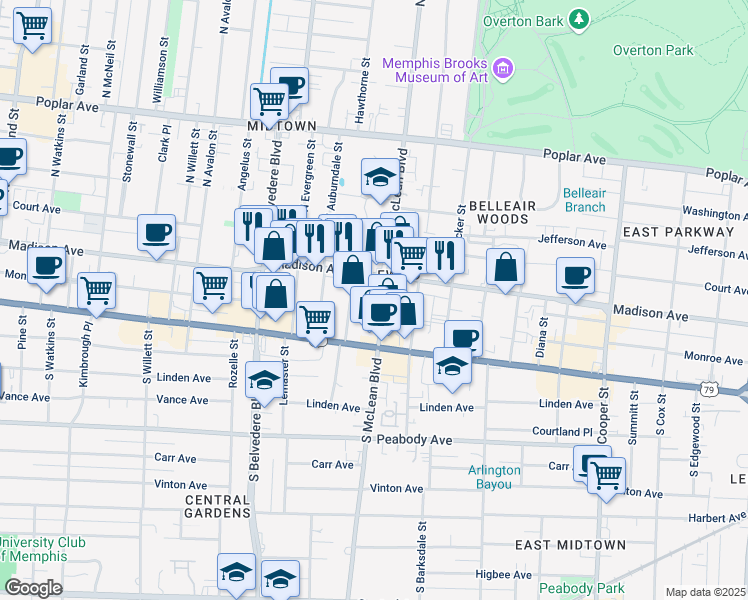 map of restaurants, bars, coffee shops, grocery stores, and more near 23 South McLean Boulevard in Memphis
