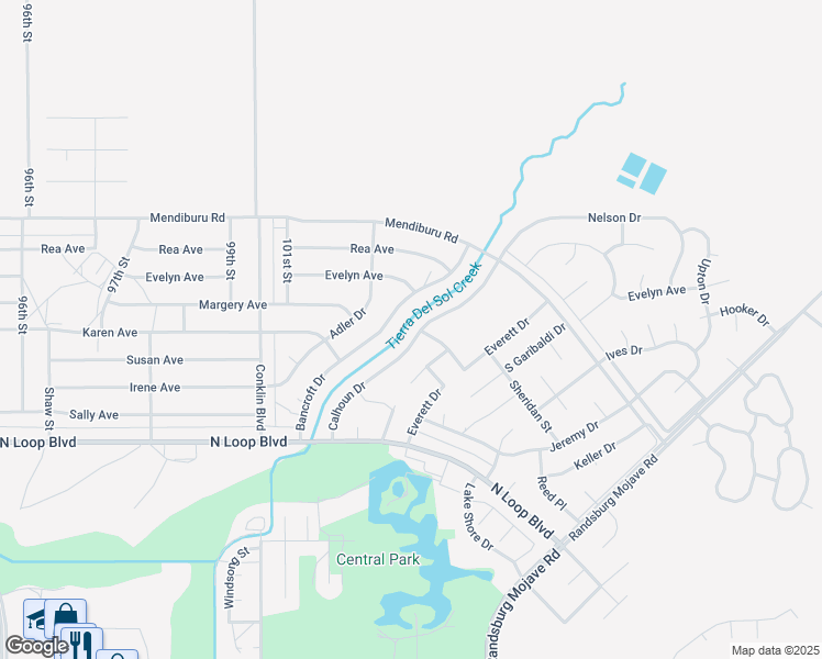 map of restaurants, bars, coffee shops, grocery stores, and more near Trumbull Street in California City