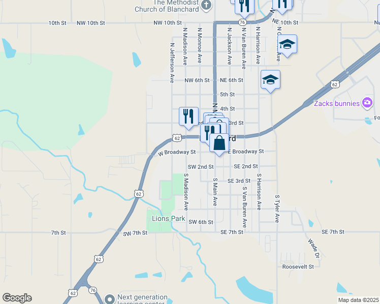 map of restaurants, bars, coffee shops, grocery stores, and more near 221 West Broadway Street in Blanchard