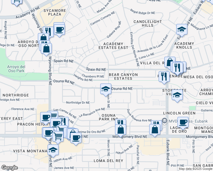 map of restaurants, bars, coffee shops, grocery stores, and more near 9000 Cascajo Drive Northeast in Albuquerque
