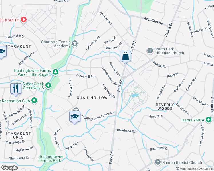 map of restaurants, bars, coffee shops, grocery stores, and more near 3208 Spring Valley Road in Charlotte