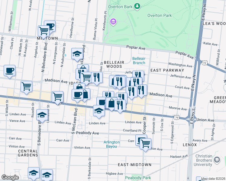 map of restaurants, bars, coffee shops, grocery stores, and more near 1970 Madison Avenue in Memphis