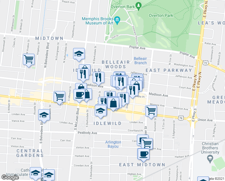 map of restaurants, bars, coffee shops, grocery stores, and more near 1970 Madison Avenue in Memphis